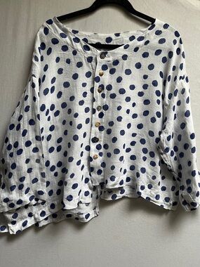 Banana Blue 100% Linen Polka Dot Asymmetrical Lagenlook Top XL